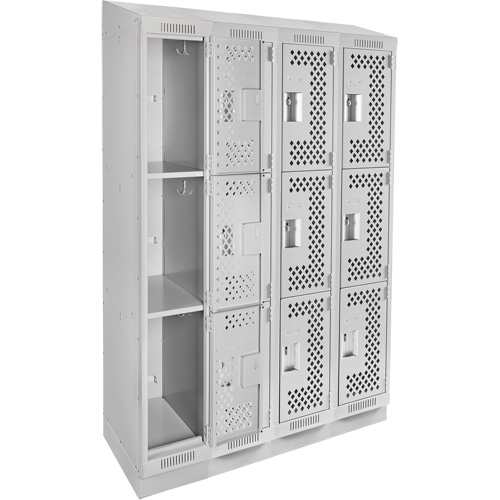 Clean Line Lockers, 3 -tier, Bank of 4, 48" x 12" x 82", Steel, Grey, Rivet (Assembled), Perforated Advanced Consulting and Training Ltd.