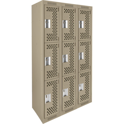 Clean Line Lockers, 3 -tier, Bank of 3, 36" x 12" x 72", Steel, Beige, Rivet (Assembled), Perforated Advanced Consulting and Training Ltd.