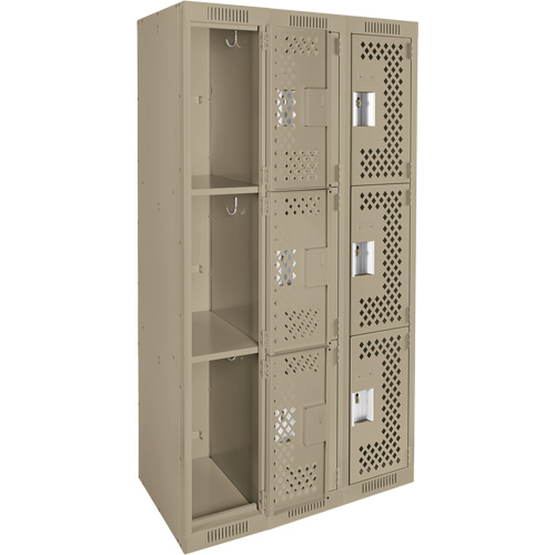 Clean Line Lockers, 3 -tier, Bank of 3, 36" x 12" x 72", Steel, Beige, Rivet (Assembled), Perforated Advanced Consulting and Training Ltd.
