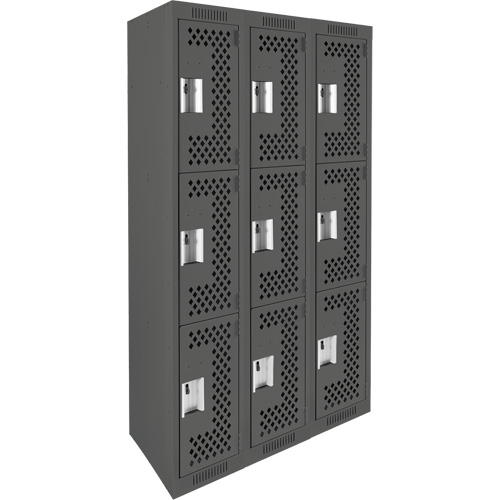 Clean Line Lockers, 3 -tier, Bank of 3, 36" x 12" x 72", Steel, Charcoal, Rivet (Assembled), Perforated Advanced Consulting and Training Ltd.