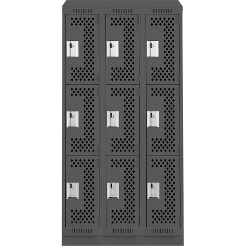 Clean Line Lockers, 3 -tier, Bank of 3, 36" x 12" x 82", Steel, Charcoal, Rivet (Assembled), Perforated Advanced Consulting and Training Ltd.