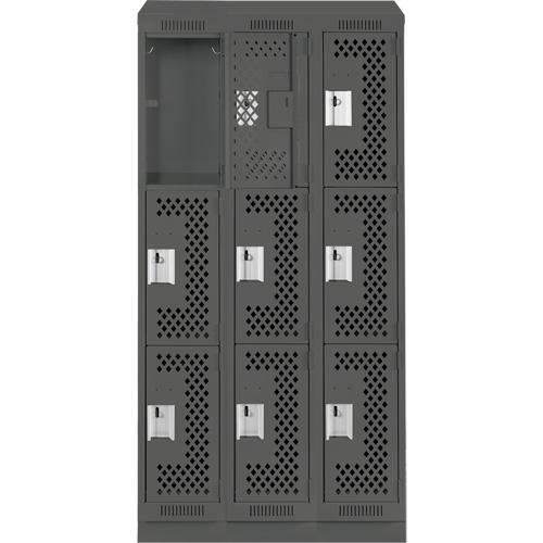 Clean Line Lockers, 3 -tier, Bank of 3, 36" x 12" x 82", Steel, Charcoal, Rivet (Assembled), Perforated Advanced Consulting and Training Ltd.