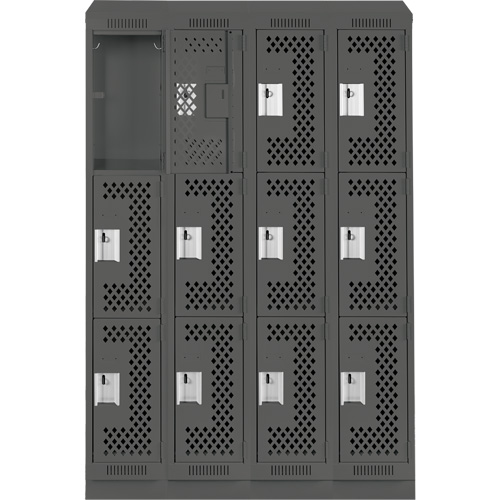 Clean Line Lockers, 3 -tier, Bank of 4, 48" x 12" x 82", Steel, Charcoal, Rivet (Assembled), Perforated Advanced Consulting and Training Ltd.