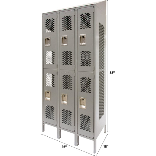 Vented Lockers, 2 -tier, Bank of 3, 36" x 18" x 88", Steel, Grey, Knocked Down, Perforated Advanced Consulting and Training Ltd.