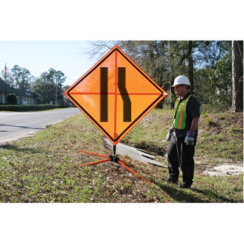 Tilt-Adjust Merge Left Roll-Up Construction Sign, 36" x 36", Vinyl, Pictogram Advanced Consulting and Training Ltd.