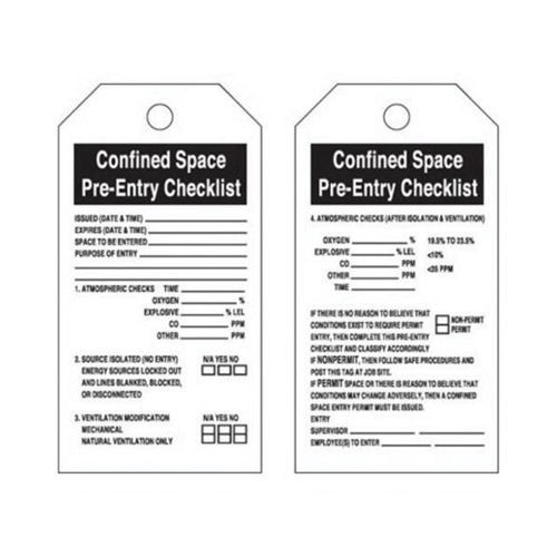 "Confined Space" Tags, Polyester, 3" W x 5-3/4" H, English Advanced Consulting and Training Ltd.