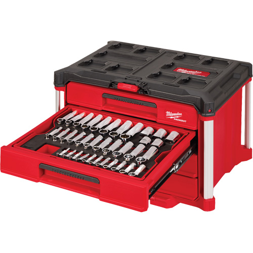 242-Piece 1/4”, 3/8” & 1/2” Drive Metric & SAE Ratchet & Socket Set with PACKOUT 4-Drawer Tool Box, 16-3/10" x 22-1/5" x 14-3/10", Black/Red Advanced Consulting and Training Ltd.
