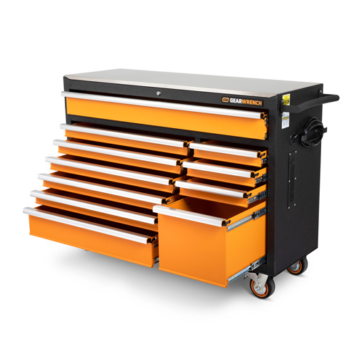 Rolling Tool Cabinet with Stainless Steel Worktop, 11 Drawers, 52" W x 18" D x 36" H, Black/Orange Advanced Consulting and Training Ltd.