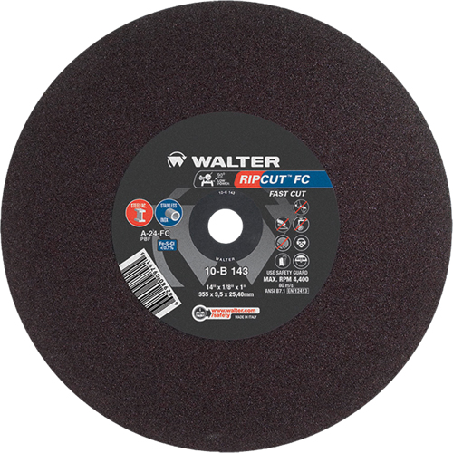 Meule &agrave; tronçonner Ripcut II pour la coupe de l'acier inoxydable et l'acier sur scies fixes, 14" x 1/8", Arbre de 1", Type 1, Oxyde d'aluminium, 4400 Tr/min Advanced Consulting and Training Ltd.