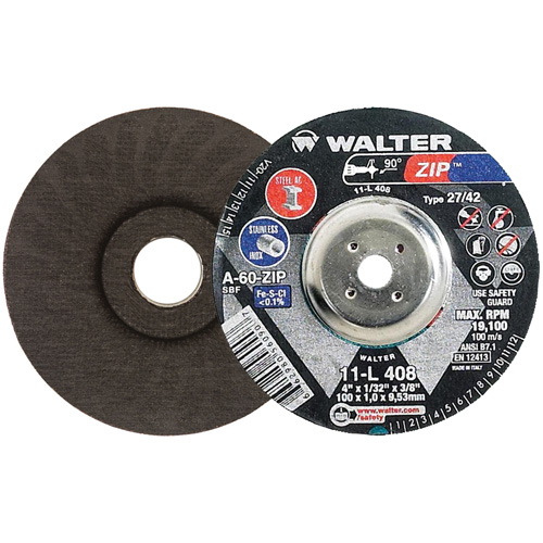 Disque de meulage et de tronçonnage Zip, 4" x 1/32", Arbre de 3/8", Type 27, Grain de 60, Oxyde d'aluminium Advanced Consulting and Training Ltd.