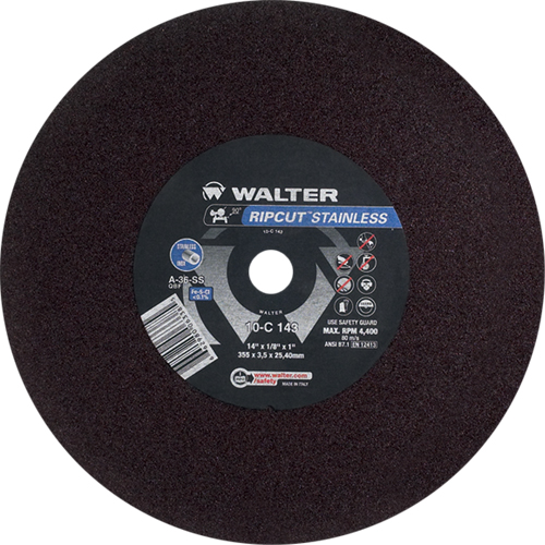 Meule &agrave; tronçonner Ripcut II pour la coupe de l'acier inoxydable sur scies fixes, 14" x 1/8", Arbre de 1", Type 1, Oxyde d'aluminium, 4400 Tr/min Advanced Consulting and Training Ltd.