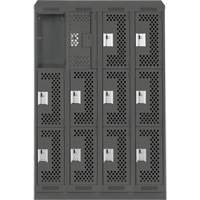 Clean Line Lockers, 3 -tier, Bank of 4, 48" x 12" x 82", Steel, Charcoal, Rivet (Assembled), Perforated Advanced Consulting and Training Ltd.